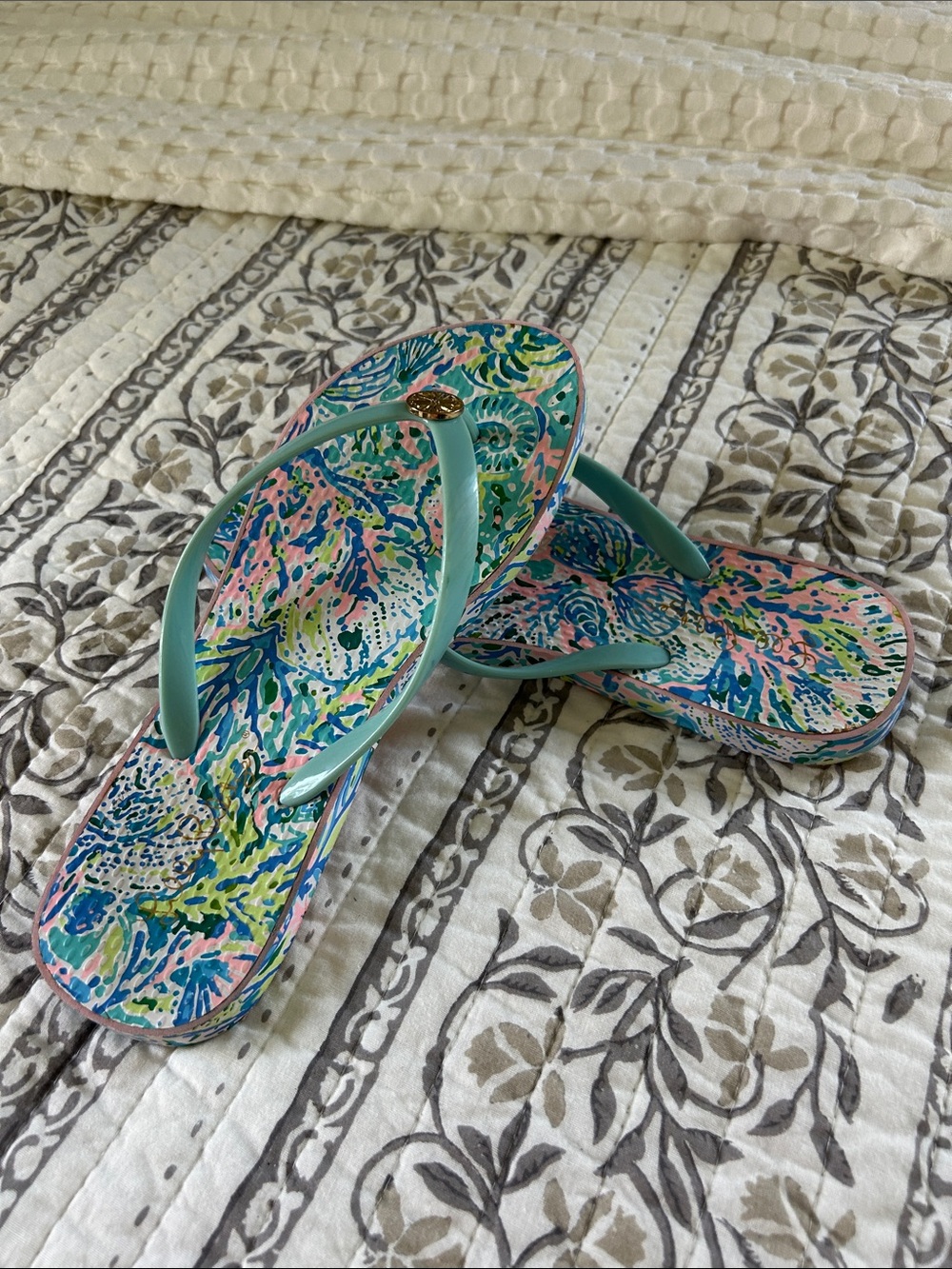 Lilly Pulitzer Multicolor Tropical Print Flip Flops with Aqua Straps